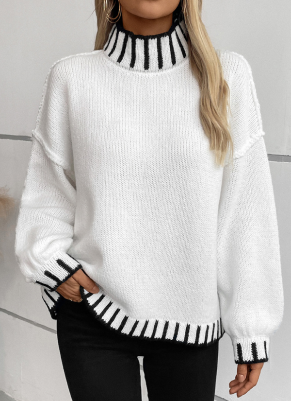 Autumn And Winter New Loose Pullover Retro Color Matching High Collar Sweater For Women