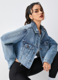 Blue Fashion Splicing Denim Short Jacket