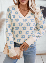V-Neck Pullover Loose Floral Colorblock Knitted Sweater