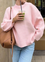 Winter New Style Pink Sweet Round Neck Solid Color Pullover Sweater