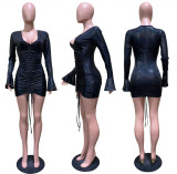 Sexy Low-cut Trumpet Sleeve Drawstring Dress