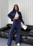 Long-Sleeved Half-High Collar Cardigan Sweatshirt With Lace-Up Striped Trousers Two-Piece Suit
