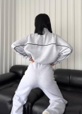 Long-Sleeved Half-High Collar Cardigan Sweatshirt With Lace-Up Striped Trousers Two-Piece Suit