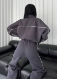 Long-Sleeved Half-High Collar Cardigan Sweatshirt With Lace-Up Striped Trousers Two-Piece Suit