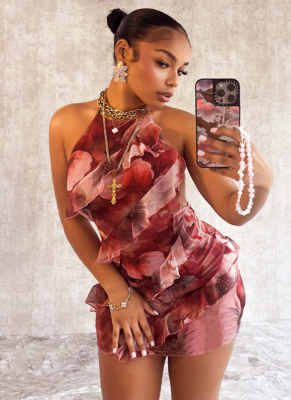 Women's Fashion Halter Neck Sexy Slim Fit Ruffled Backless Dress