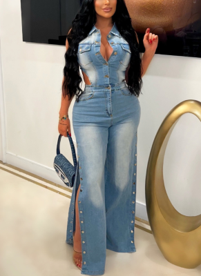Tight-waisted Slim-fit Stretch Washed Loose Straight-leg Denim Jumpsuit