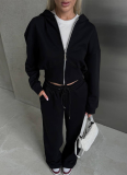 Long-Sleeved Zip-Up Hooded Sweatshirt Solid Color Lace-Up Pants Two-Piece Set