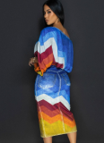 Blue Off-Shoulder Printed Bat Sleeve Top With Slit Skirt Two-Piece Set