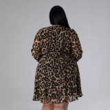 Solid Color Plus Size Leopard Print Long Sleeve Shirt Dress