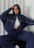 Long-Sleeved Half-High Collar Cardigan Sweatshirt With Lace-Up Striped Trousers Two-Piece Suit