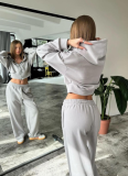 Long-Sleeved Zip-Up Hooded Sweatshirt Solid Color Lace-Up Pants Two-Piece Set