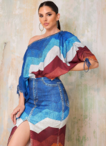 Blue Off-Shoulder Printed Bat Sleeve Top With Slit Skirt Two-Piece Set