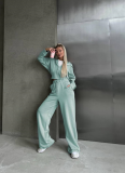 Long-Sleeved Zip-Up Hooded Sweatshirt Solid Color Lace-Up Pants Two-Piece Set