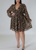 Solid Color Plus Size Leopard Print Long Sleeve Shirt Dress