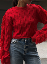 Fashionable Tassel Long-Sleeved Round Neck Short Solid Color Slim Fit Knitted Top