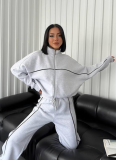 Long-Sleeved Half-High Collar Cardigan Sweatshirt With Lace-Up Striped Trousers Two-Piece Suit