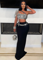 Fashion Suspenders Short Style Hot Diamond Top Slim Fit Hip Long Skirt Two Piece Set