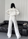 Long-Sleeved Half-High Collar Cardigan Sweatshirt With Lace-Up Striped Trousers Two-Piece Suit