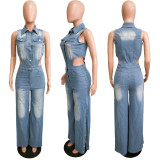 Tight-waisted Slim-fit Stretch Washed Loose Straight-leg Denim Jumpsuit