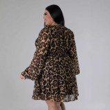 Solid Color Plus Size Leopard Print Long Sleeve Shirt Dress