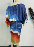 Blue Off-Shoulder Printed Bat Sleeve Top With Slit Skirt Two-Piece Set