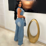 Tight-waisted Slim-fit Stretch Washed Loose Straight-leg Denim Jumpsuit