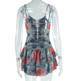 Stylish Printed Frills Strapless Backless Dress