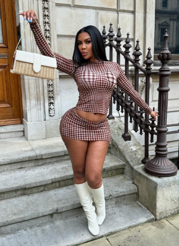 Retro Plaid Pullover Long-sleeved High-waist Skirt Slim Suit