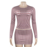 Retro Plaid Pullover Long-sleeved High-waist Skirt Slim Suit