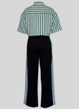 Black Lapel Short-Sleeved Striped Shirt Drawstring Stitching Straight Pants Two-Piece Set
