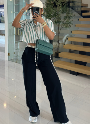 Black Lapel Short-Sleeved Striped Shirt Drawstring Stitching Straight Pants Two-Piece Set