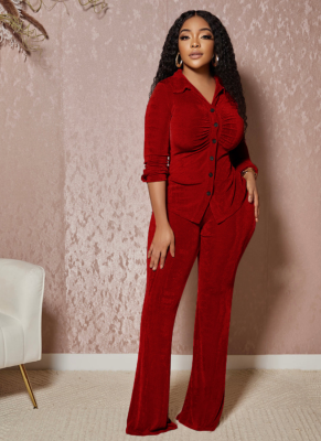 Burgundy Silk Velvet Lapel Long-Sleeved Button-Down Shirt With Slim-Fit Flared Trousers Two-Piece Suit