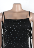 Black Hot Diamond Open Back Tie Pleated Bag Hip Dress