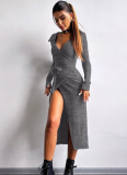 Sexy Drawstring Waist Slit Long Hip Dress