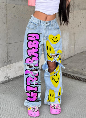 Women's Printed Loose Washed Denim Ripped Jeans