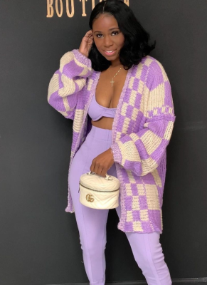 Contrast Color Plaid Sweater Casual Loose Lantern Sleeve Knitted Cardigan