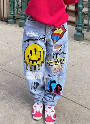 Light Blue Women's Ripped Street Skateboard Jeans