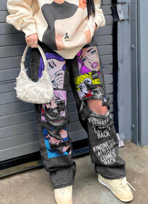 Casual Retro High Street Denim Printed Washed Craft Simple Ripped Jeans