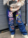 Casual Retro High Street Denim Printed Washed Craft Simple Ripped Jeans