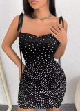 Black Hot Diamond Open Back Tie Pleated Bag Hip Dress