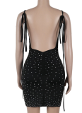 Black Hot Diamond Open Back Tie Pleated Bag Hip Dress