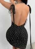 Black Hot Diamond Open Back Tie Pleated Bag Hip Dress