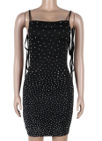 Black Hot Diamond Open Back Tie Pleated Bag Hip Dress