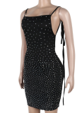 Black Hot Diamond Open Back Tie Pleated Bag Hip Dress