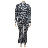 Sexy Black Leopard Print Long Sleeve Strappy Wide Leg Jumpsuit