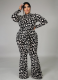 Sexy Black Leopard Print Long Sleeve Strappy Wide Leg Jumpsuit