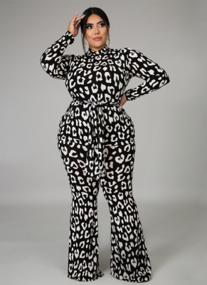 Sexy Black Leopard Print Long Sleeve Strappy Wide Leg Jumpsuit