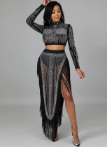 Sexy Perm Mesh See-through Two-piece Long-sleeved Slit Dress