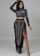 Sexy Perm Mesh See-through Two-piece Long-sleeved Slit Dress