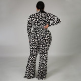 Sexy Black Leopard Print Long Sleeve Strappy Wide Leg Jumpsuit